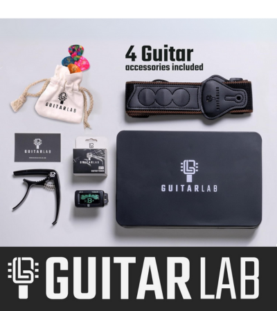 Guitar Lab Kit di accessori per chitarra – Scatola in metallo di alta qualità con cinghia per chitarra, capotasto e sintonizzatore per chitarra elettronica a clip, plettri acustici, bassi