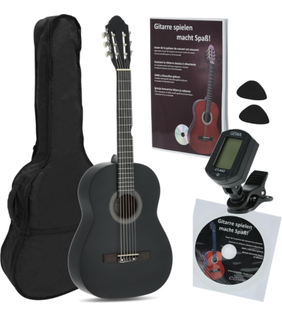 Navarrez NV12PK Starter Set chitarra classica nero 4/4, con Gig Bag/borsa, Libro con CD, Tuner,2 plettri